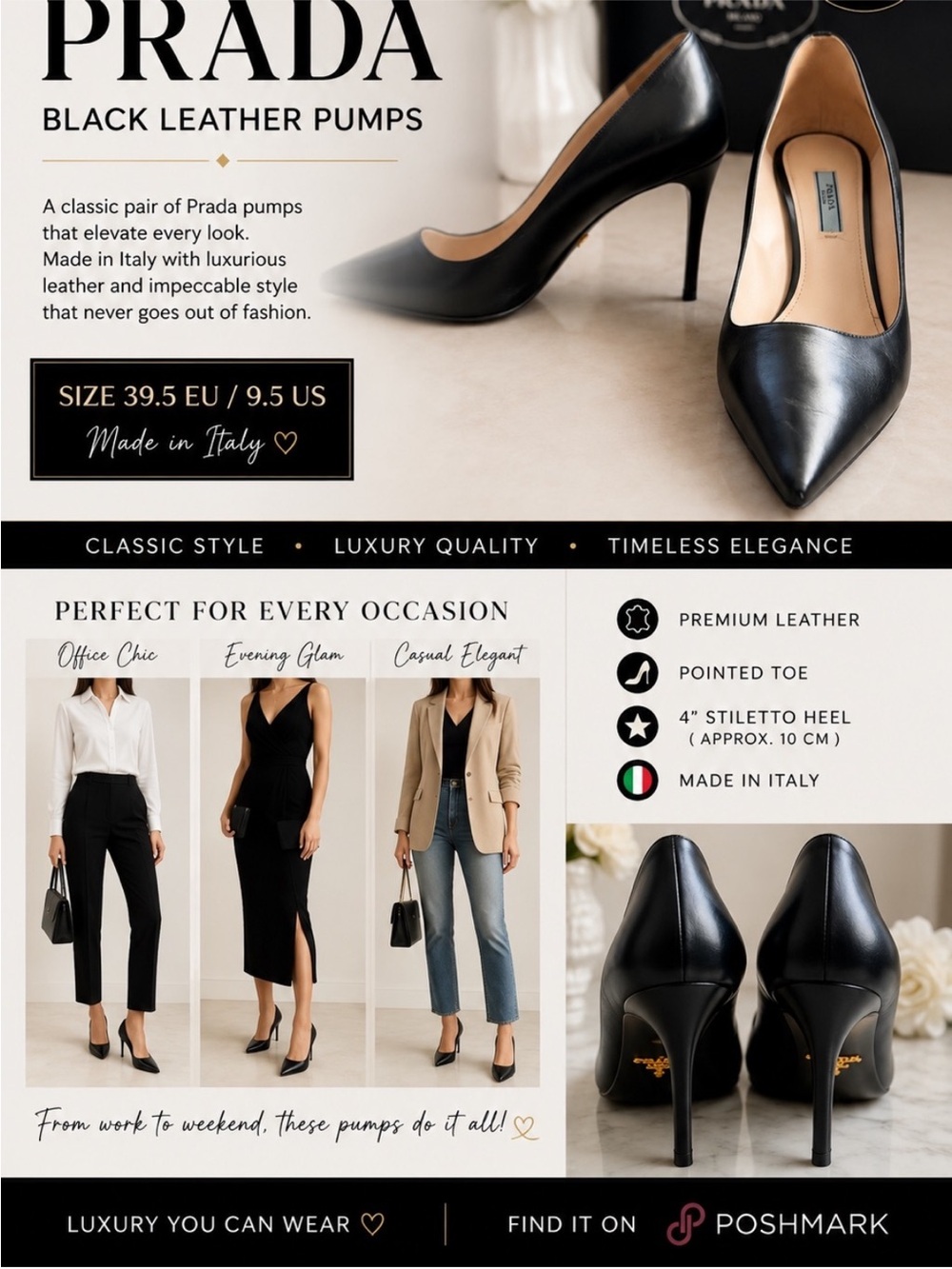 Prada Black Leather Pointed-Toe Pumps - Classic Stiletto heels